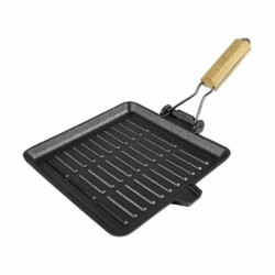 Pancha Grill Bifera Cuadrada Hierro Con Mango Madera 24 Cm